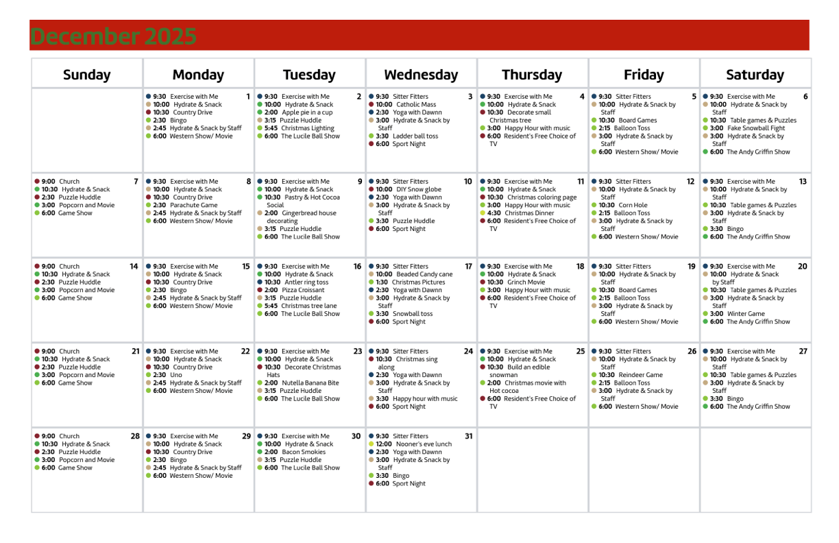 A vibrant calendar filled with engaging activities, fostering community and joy among residents.