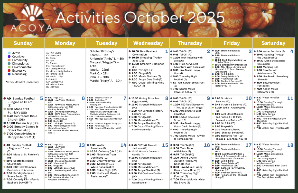 A vibrant calendar showcases engaging activities, fostering community and connection among residents.
