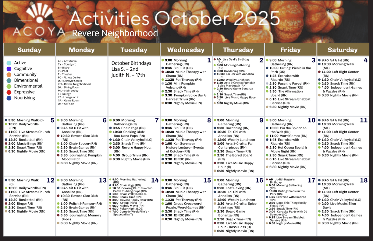 A vibrant schedule highlights engaging activities, fostering community and joy at ACOYA Revere.
