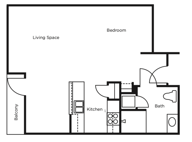 Spacious layout featuring a living area, kitchen, and balcony, perfect for community living.