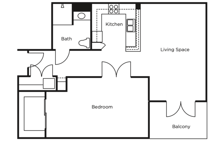 A thoughtfully designed layout featuring a welcoming living space, kitchen, and balcony for relaxation.