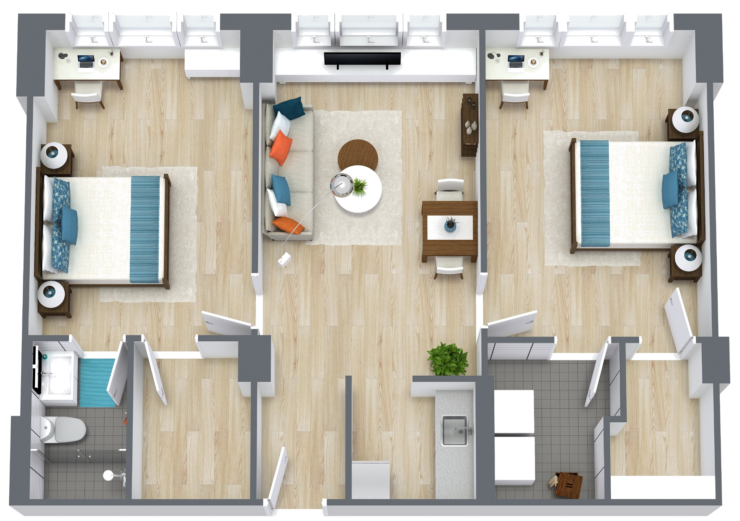 Bright, inviting spaces feature comfortable living areas and serene bedrooms, fostering community and relaxation.