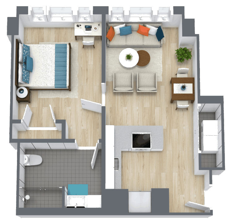 A welcoming layout featuring a comfortable bedroom, bright living area, and inviting kitchen space.