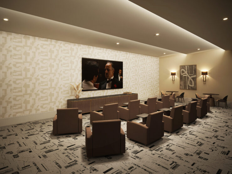 A welcoming lounge with comfortable seating, ideal for community gatherings and movie nights.