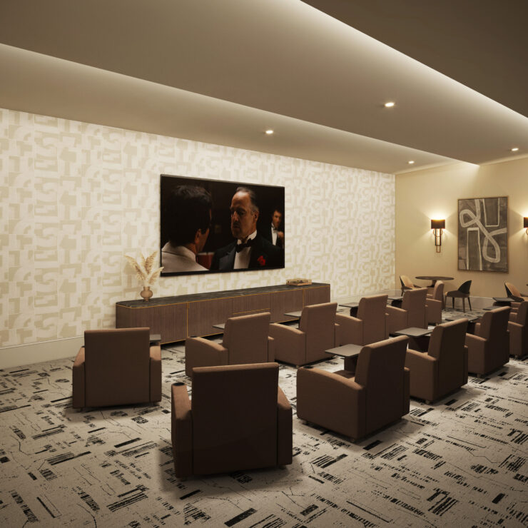 A welcoming lounge with comfortable seating, ideal for community gatherings and movie nights.