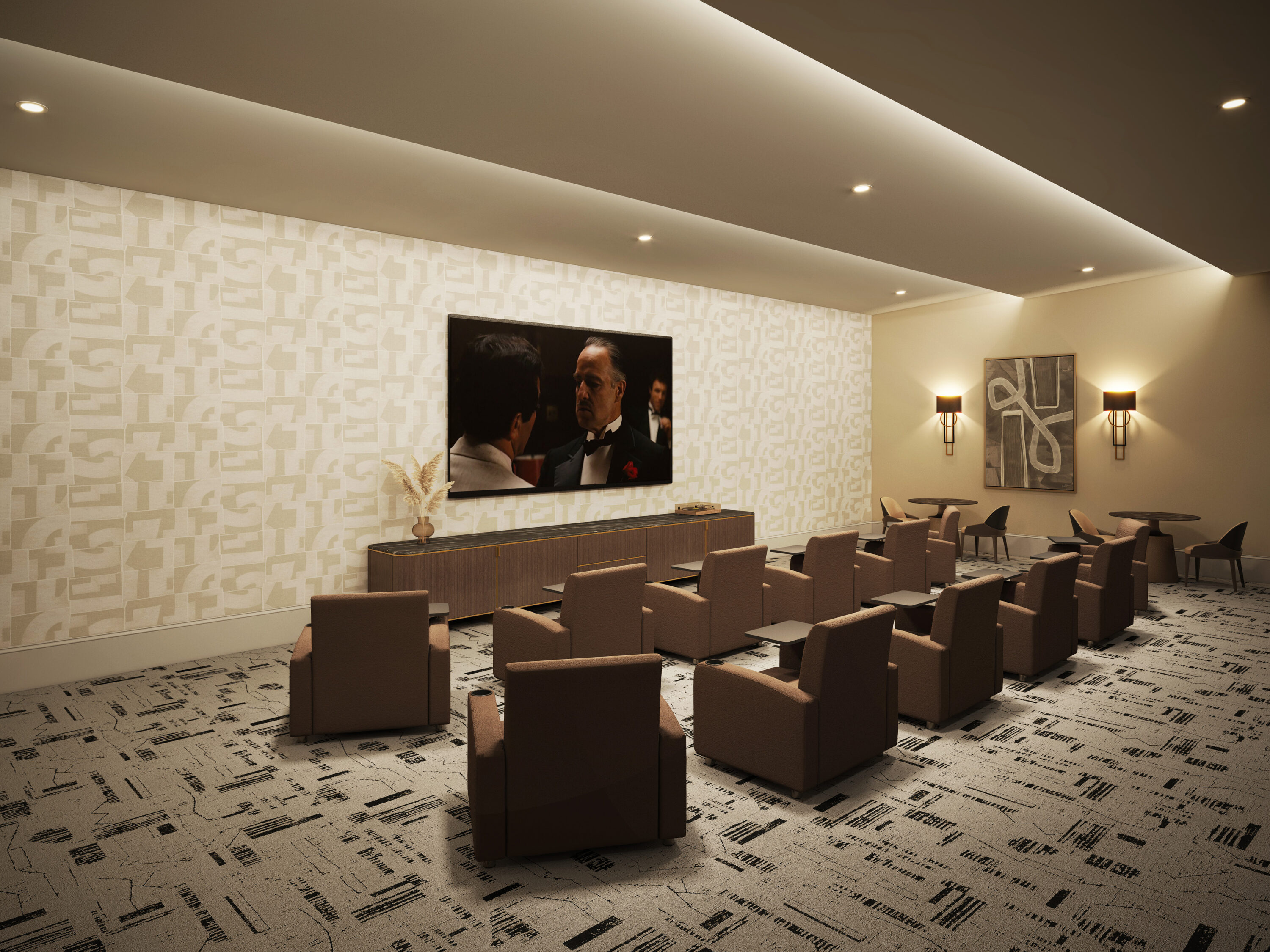A welcoming lounge with comfortable seating, ideal for community gatherings and movie nights.