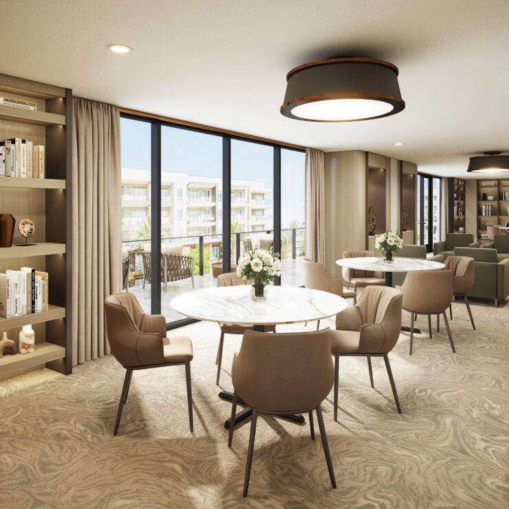 Bright, inviting space with elegant furnishings, fostering connection and comfort for all residents.