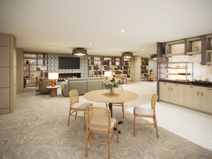 A welcoming communal space featuring comfortable seating and inviting dining areas, perfect for socializing.