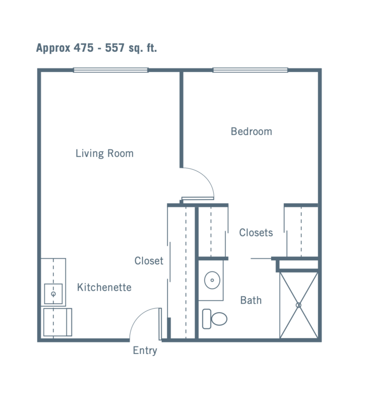 A welcoming floor plan featuring a living room, bedroom, kitchenette, and bath, perfect for community living.