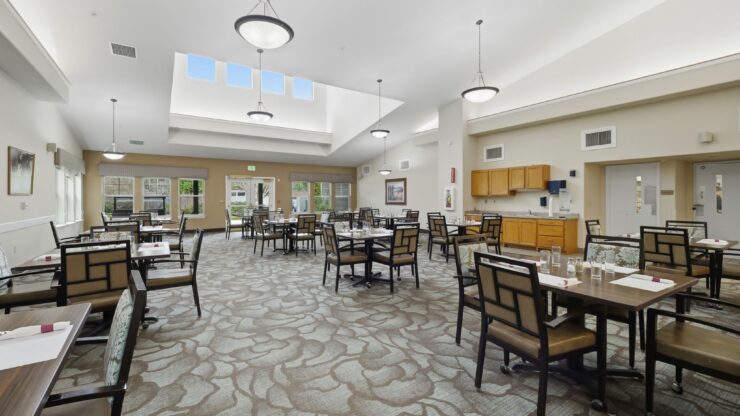 Bright and spacious dining area inviting residents to gather for meals and companionship.
