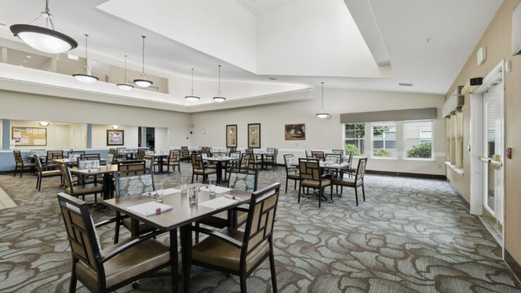 Bright and inviting dining area, fostering community and comfort with spacious seating and natural light.