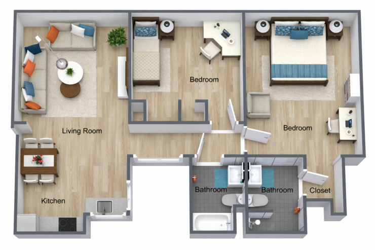 Spacious two-bedroom apartment with shared living, dining, and kitchen areas designed for comfort and connection.