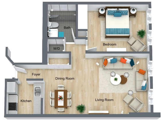 Bright and inviting one-bedroom apartment with open living and dining areas designed for comfort and community.