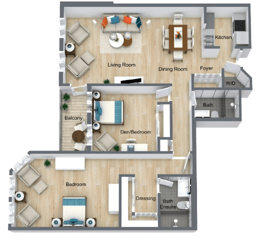 Spacious, well-lit apartment with comfortable living and dining areas, two bedrooms, and balcony.