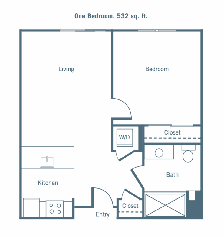 This inviting one-bedroom layout emphasizes comfort and community, perfect for relaxed living.