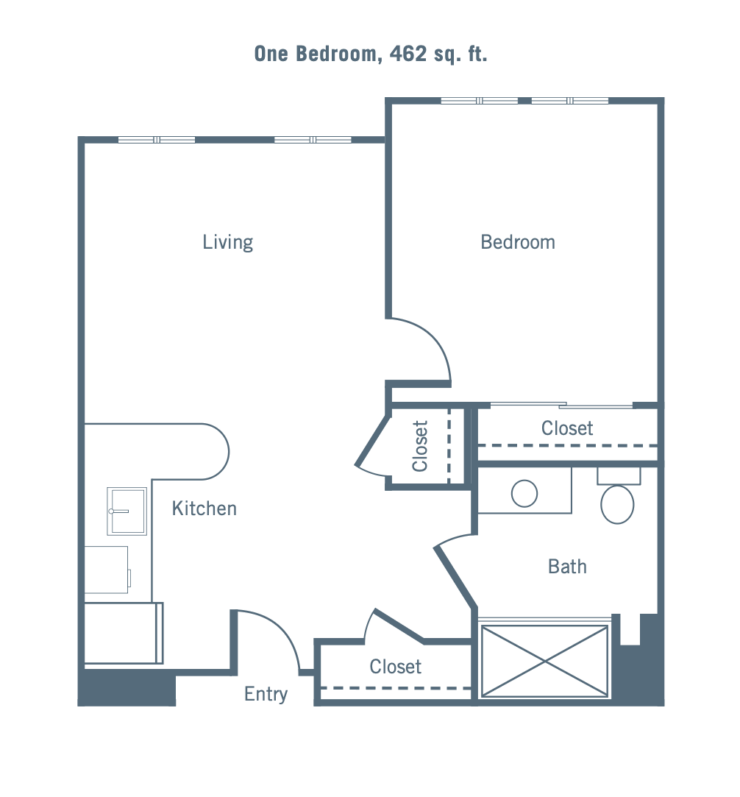 Floor plan of a one-bedroom, 462 sq. ft. apartment with living area, kitchen, bath, and closets.