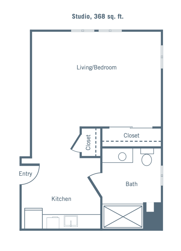 Studio apartment layout with open living/bedroom, kitchen, bath, and ample closet space.