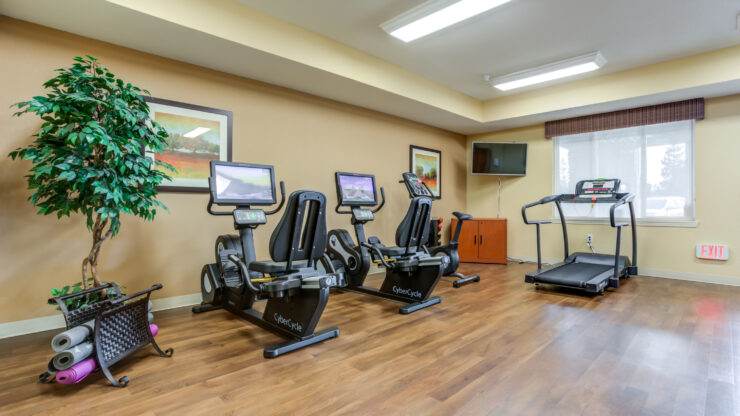 Well-lit fitness room with exercise bikes, treadmill, yoga mats, and calming decor.