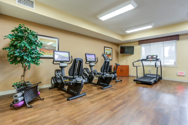 Well-lit fitness room with exercise bikes, treadmill, yoga mats, and calming decor.