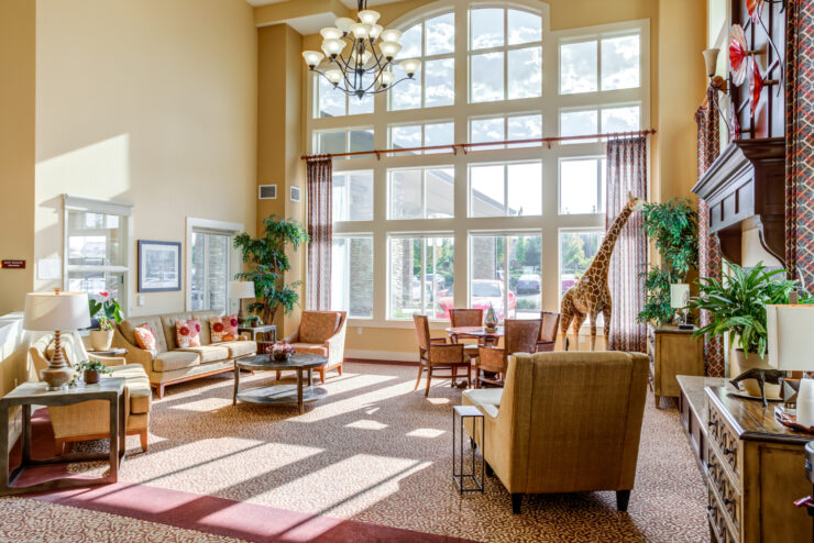 Sunlit living area with comfortable seating, plants, and large windows fostering community spirit.