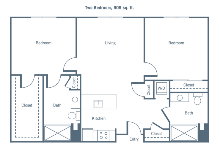 Spacious two-bedroom apartment layout featuring open living areas and ample storage space.