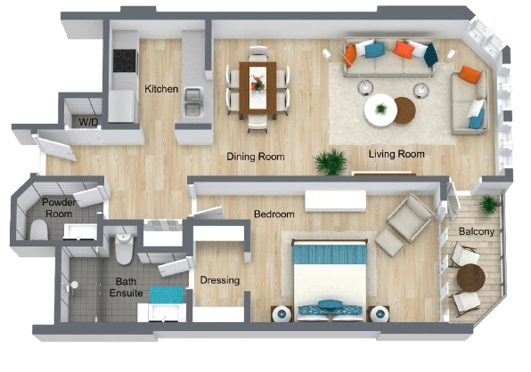 Spacious, welcoming one-bedroom apartment with open living and dining areas and private balcony.