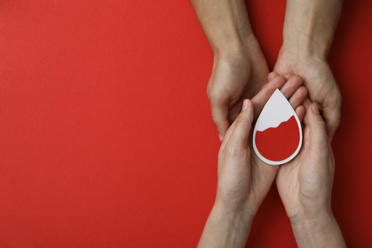 Hands gently holding a heart-shaped symbol against a vibrant red backdrop, radiating warmth and connection.