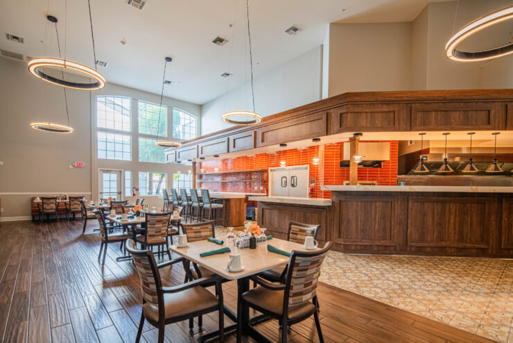 Bright and inviting dining area, designed for community gatherings and shared meals.