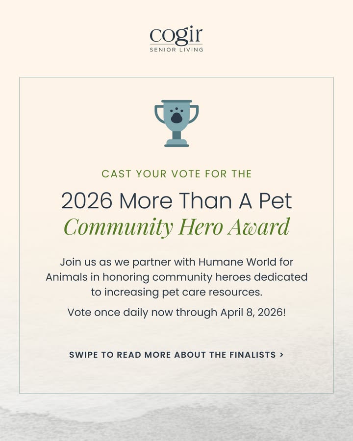🐾 We’re thrilled to announce our support for @HumaneWorldForAnimals in honoring local
heroes dedicated to enhancing access to pet care! 🐶❤️ Join us in celebrating these champions by voting
daily for one of three amazing finalists. Visit Humaneworld.org/cogirseniorliving to learn more and cast your
votes. Every vote counts! Let’s make a difference together! 🌟#MoreThanAPet