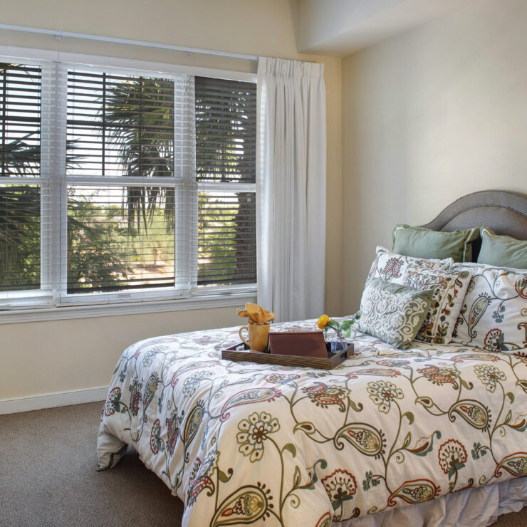 Sunlit bedroom with patterned bedding, soft pillows, and a tray with a book and cup.