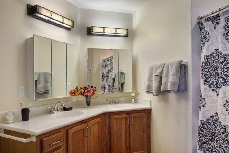 Bathroom vanity with dual sinks, fresh towels, bright lighting, and decorative flowers.