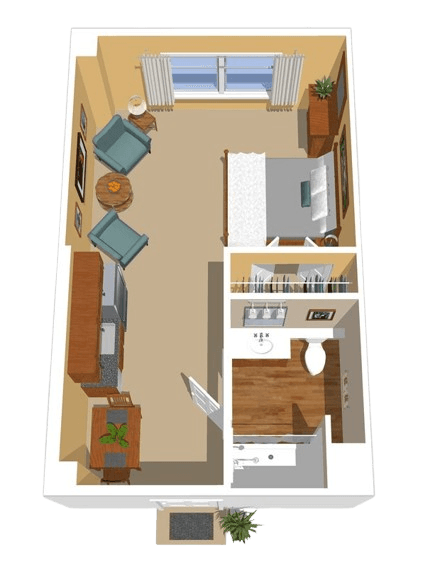 Bright and inviting studio with comfortable seating, a restful bed, and natural light.