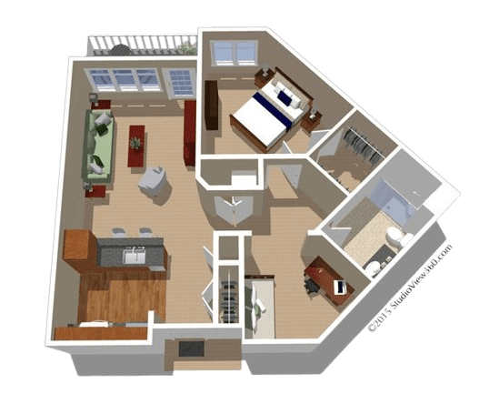 Spacious 1-bedroom apartment with open living area, dedicated workspace, and natural light.