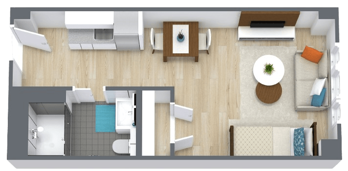 Spacious, well-lit retirement apartment with open kitchen, dining, living area, and bedroom for comfortable living.