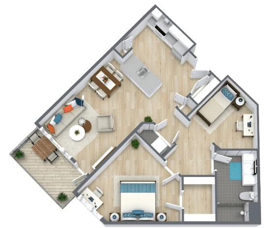 Spacious and bright two-bedroom apartment with open living, dining, kitchen, and private balcony.