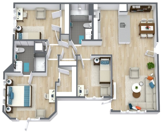 Spacious and welcoming three-bedroom apartment with shared living areas designed for comfort and community.