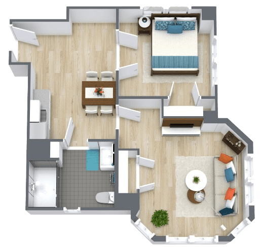 Bright and inviting apartment layout with spacious living, dining, and bedroom areas fostering comfortable living.