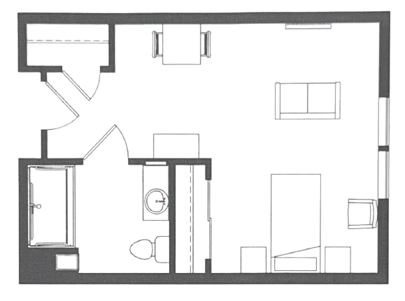 One-bedroom private apartment with a bathroom, living area, and dining space for comfortable living.