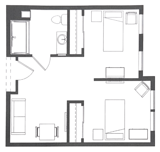 Floor plan showcasing a bright, welcoming two-bedroom apartment with shared living and bathroom areas.