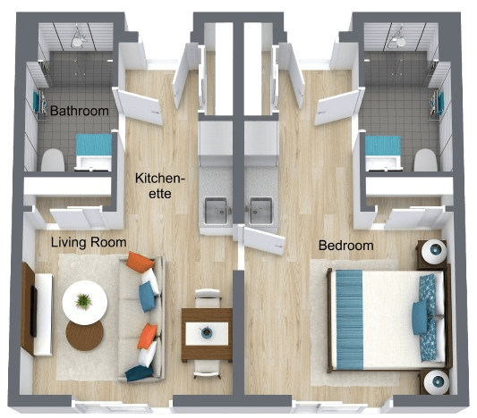 A welcoming apartment layout featuring separate living, sleeping, and bathroom areas designed for comfort and privacy.