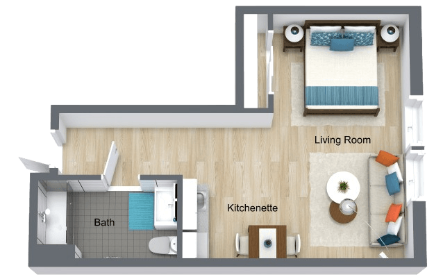 One-bedroom retirement suite with bathroom, kitchenette, and bright living space for relaxed living.