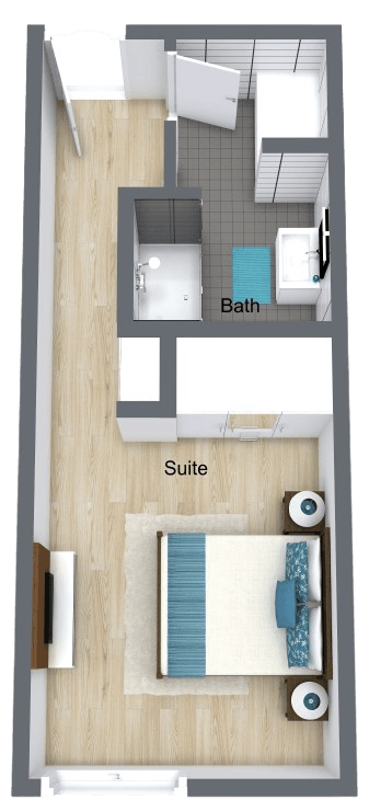 Private, well-designed suite with accessible bath, offering comfort and independence in a welcoming community.