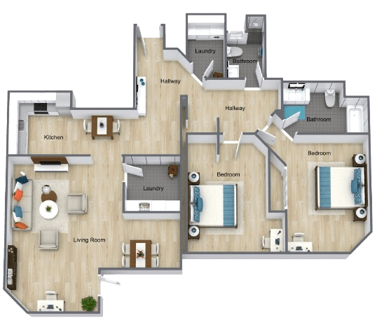 Spacious two-bedroom apartment with open living areas, modern kitchen, and dual bathrooms promoting comfort and ease.