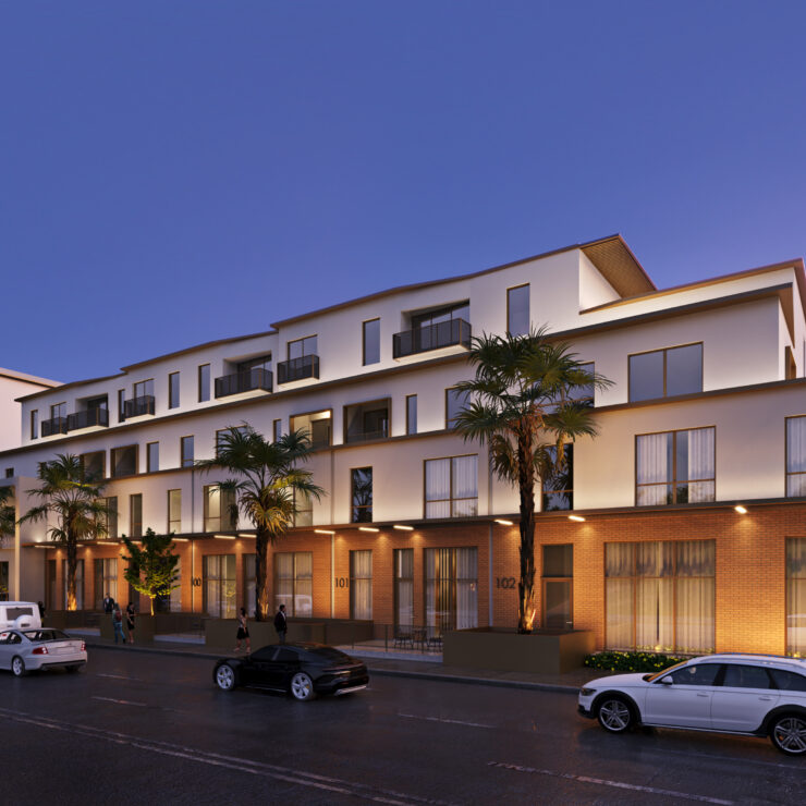 Modern residential building with balconies, palm trees, and residents enjoying a peaceful evening.