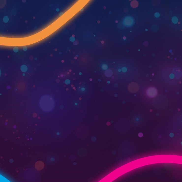 Shimmering disco balls with vibrant neon lights create a lively, festive atmosphere for community celebration.