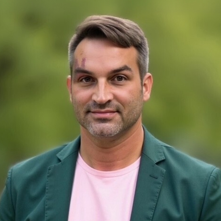 Friendly man with a gentle smile, dressed smartly, set against a soft green background.