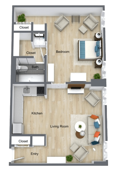 One-bedroom apartment layout featuring a comfortable living room, kitchen, and ample closet space.