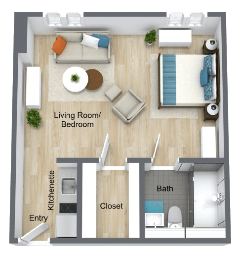 Well-designed retirement studio featuring combined living and sleeping areas, kitchenette, and bath for comfortable independent living.