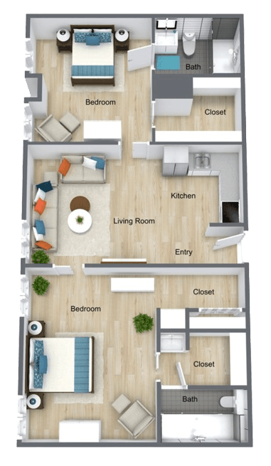 Two-bedroom apartment layout with spacious living areas, modern kitchen, and cozy seating.