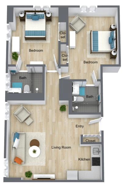 Spacious two-bedroom apartment with modern amenities, bright living area, and comfortable community living.